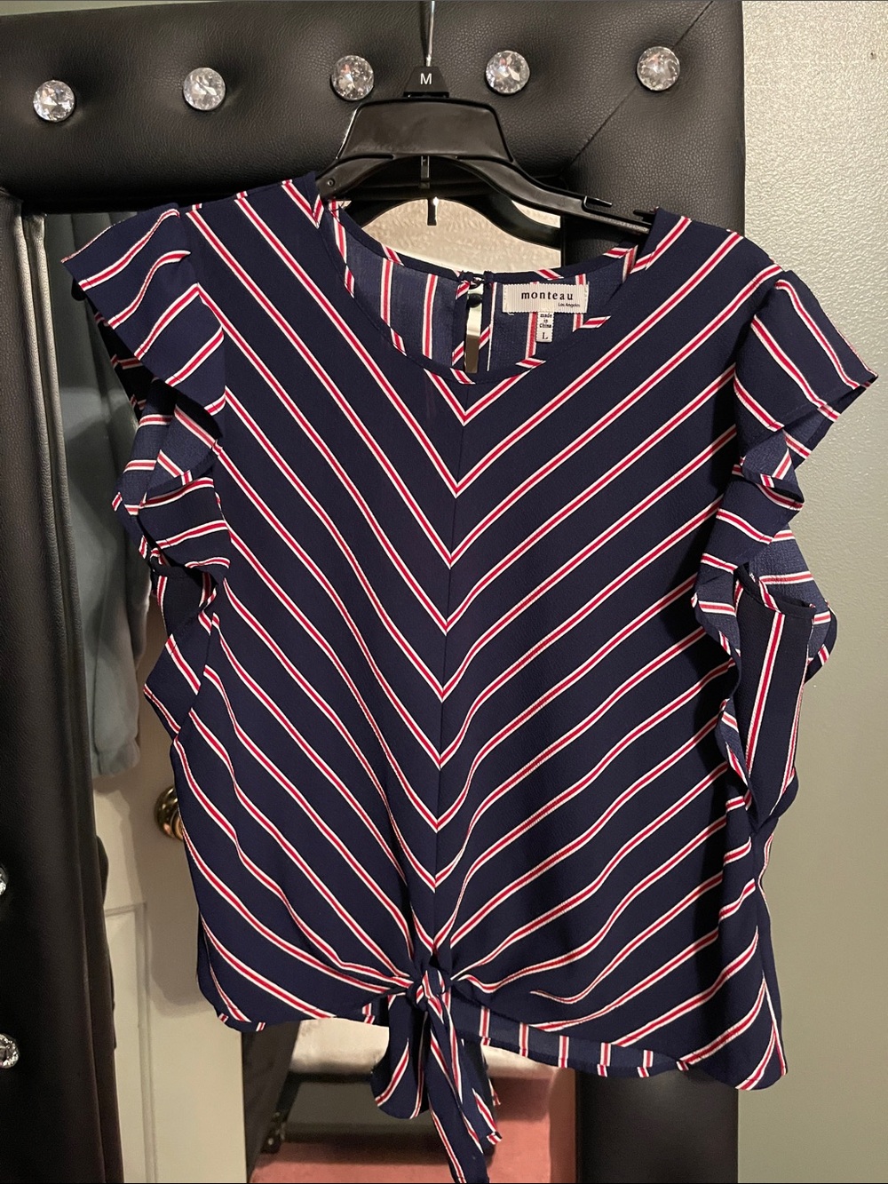 Monteau Navy, White & Pink Striped Tie-Front Ruffle Sleeve Blouse